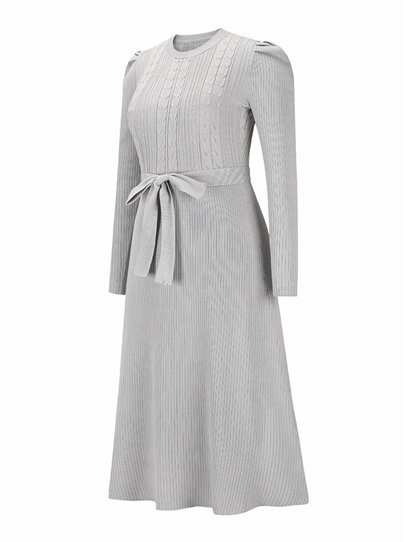 Women's Tie Waist Ribbed Knit Midi Sweater Dress in Gray (photo 4)