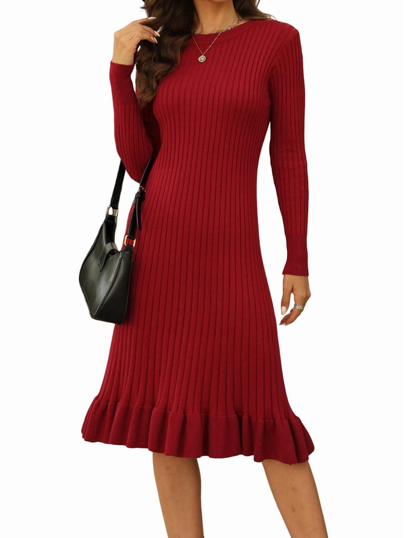 Women's Ribbed Knit Midi Sweater Dress with Flounce Hem in Wine Red (photo 2)