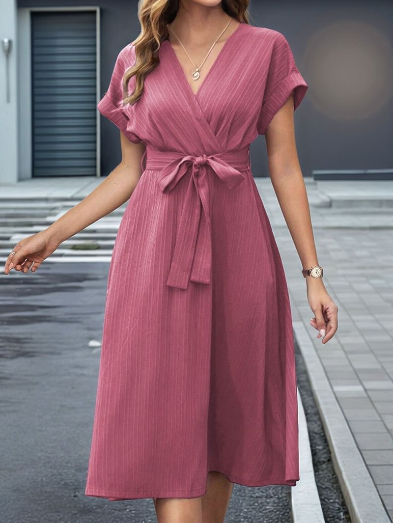 Women's Cap Sleeve Belted Wrap Midi Dress in Dusty Rose (photo 3)