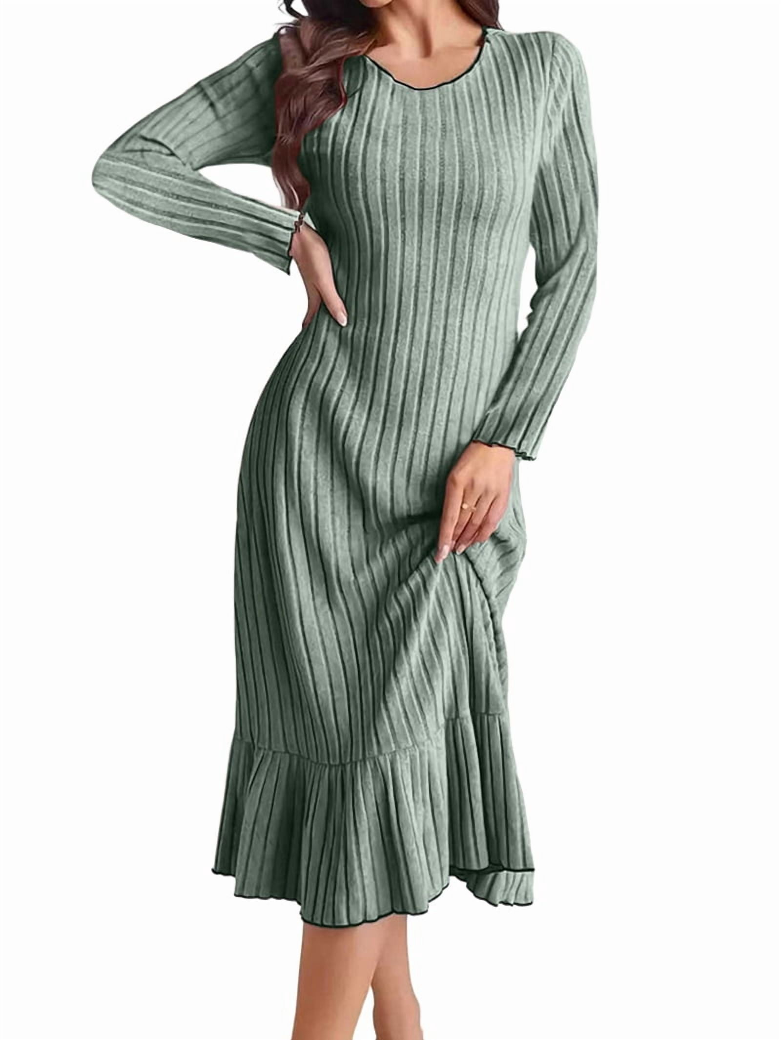 Women's Ribbed Knit Ruffle Hem Maxi Dress in Sage Green (photo 2)