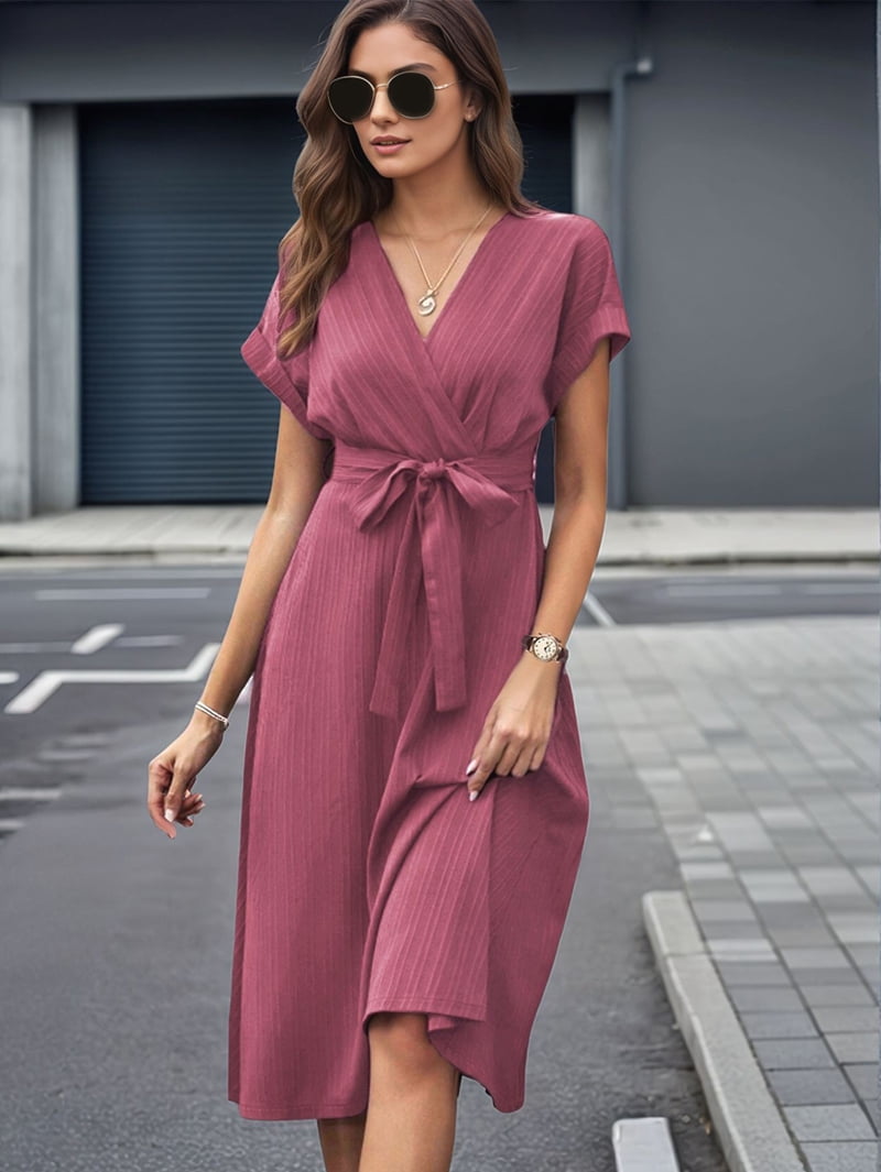 Women's Cap Sleeve Belted Wrap Midi Dress in Dusty Rose (photo 6)