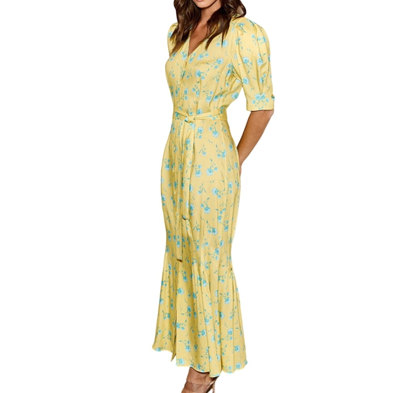 Women's Floral Puff Sleeve Wrap Maxi Dress in Yellow (photo 3)