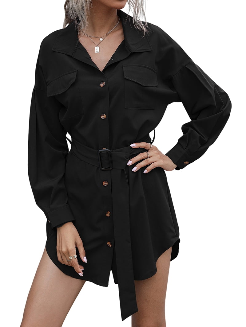 Women's Belted Long Sleeve Shirt Dress with Flap Pockets in Black (photo 2)