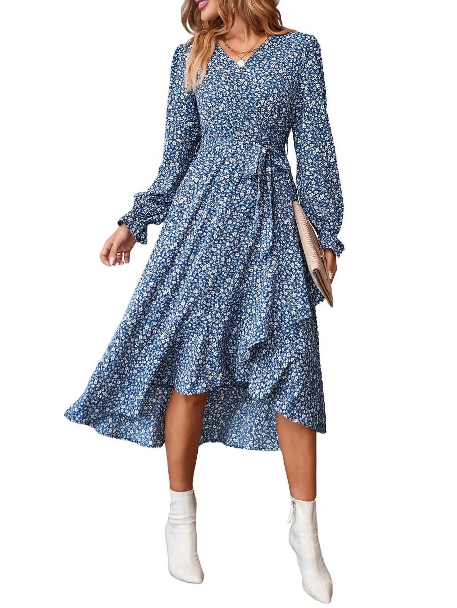 Women's Floral Long Sleeve Wrap Dress with Ruffle Hem in Blue