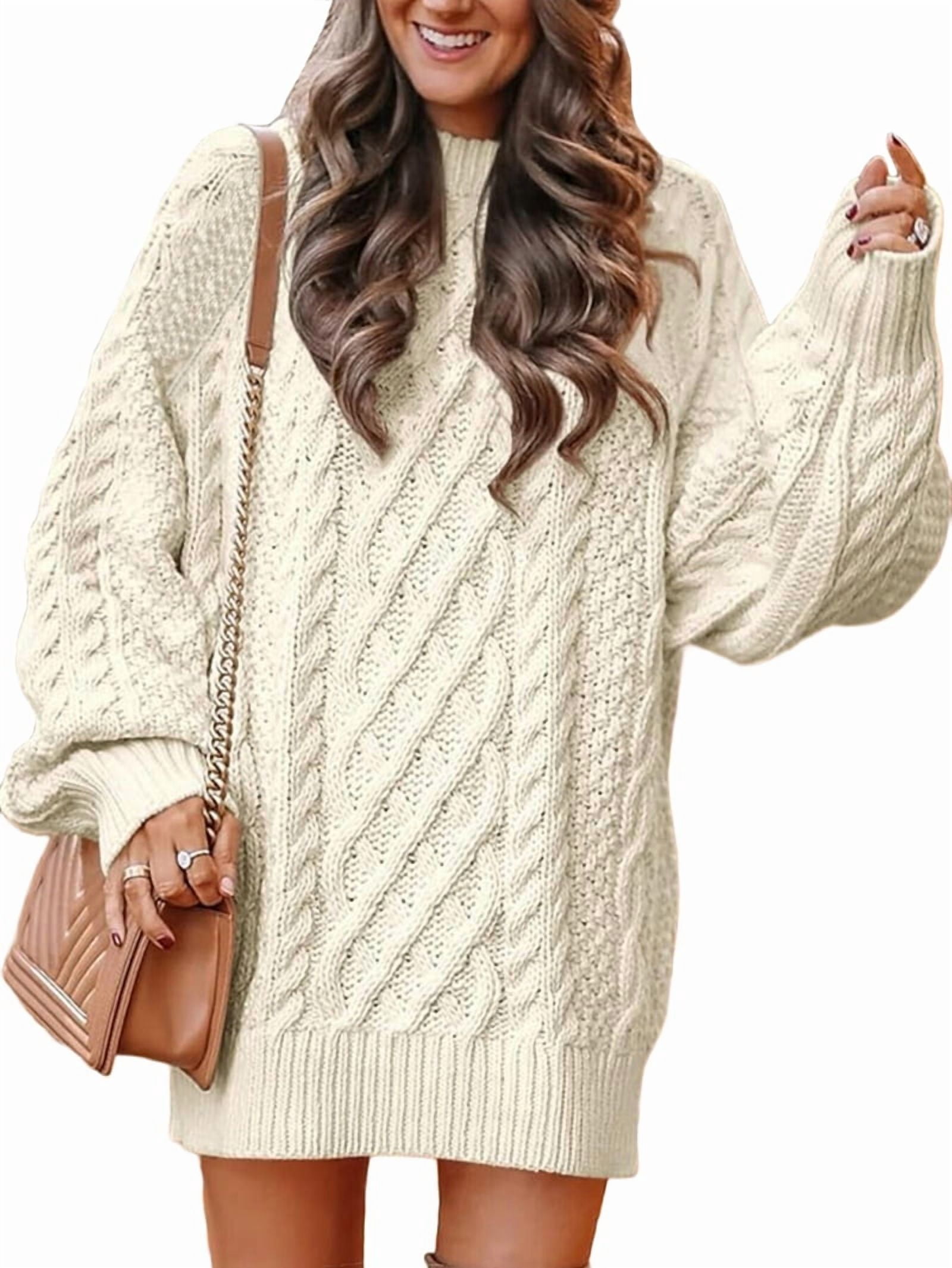 Women's Oversized Chunky Cable Knit Sweater Dress in Apricot