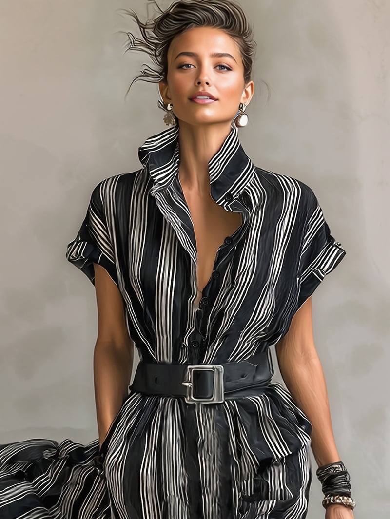 Women's Striped Belted Maxi Shirt Dress in Black and White (photo 2)