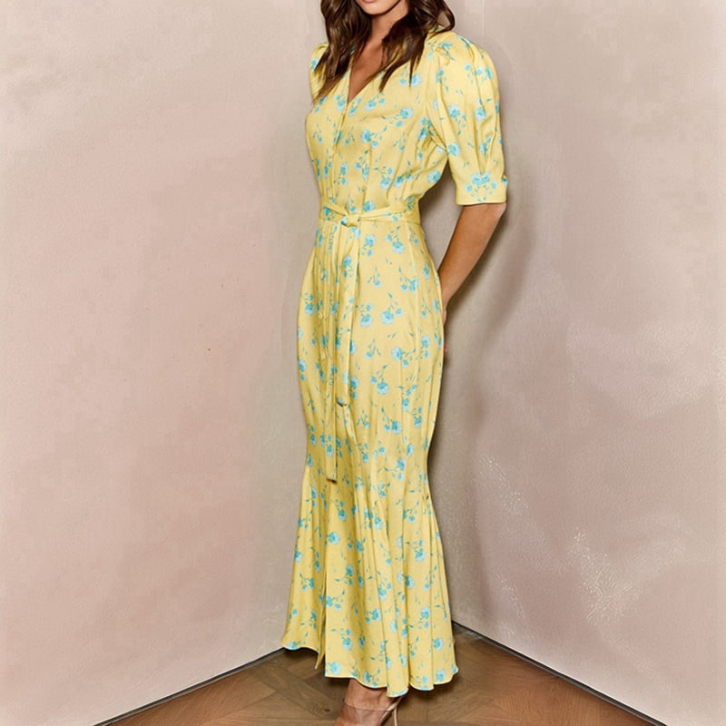 Women's Floral Puff Sleeve Wrap Maxi Dress in Yellow (photo 7)