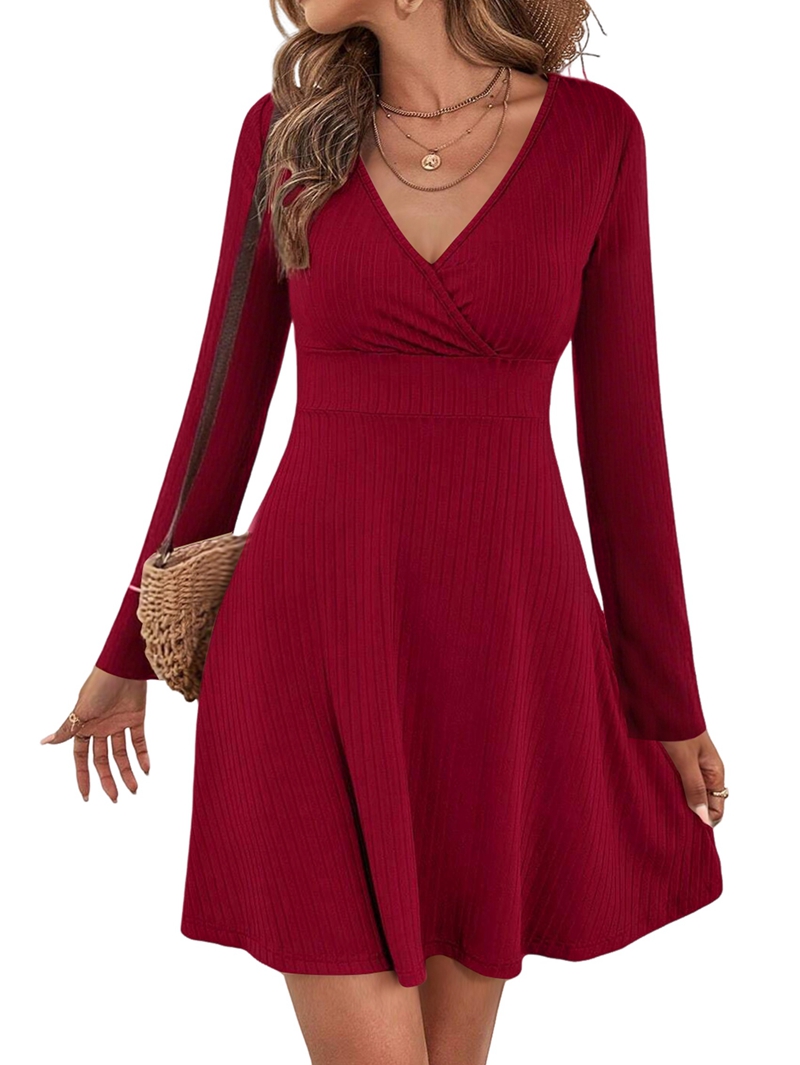 Women's Long Sleeve Wrap Mini Dress in Wine Red (photo 2)