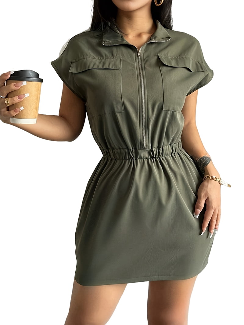 Women's Zip Front Utility Shirt Dress in Army Green