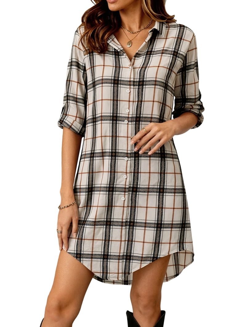 Women's Plaid Long Sleeve Button Down Shirt Dress in White