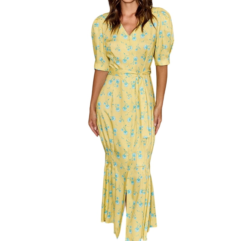 Women's Floral Puff Sleeve Wrap Maxi Dress in Yellow