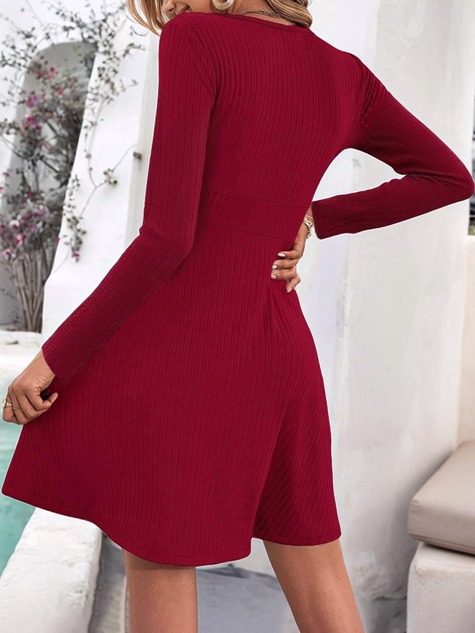 Women's Long Sleeve Wrap Mini Dress in Wine Red (photo 5)