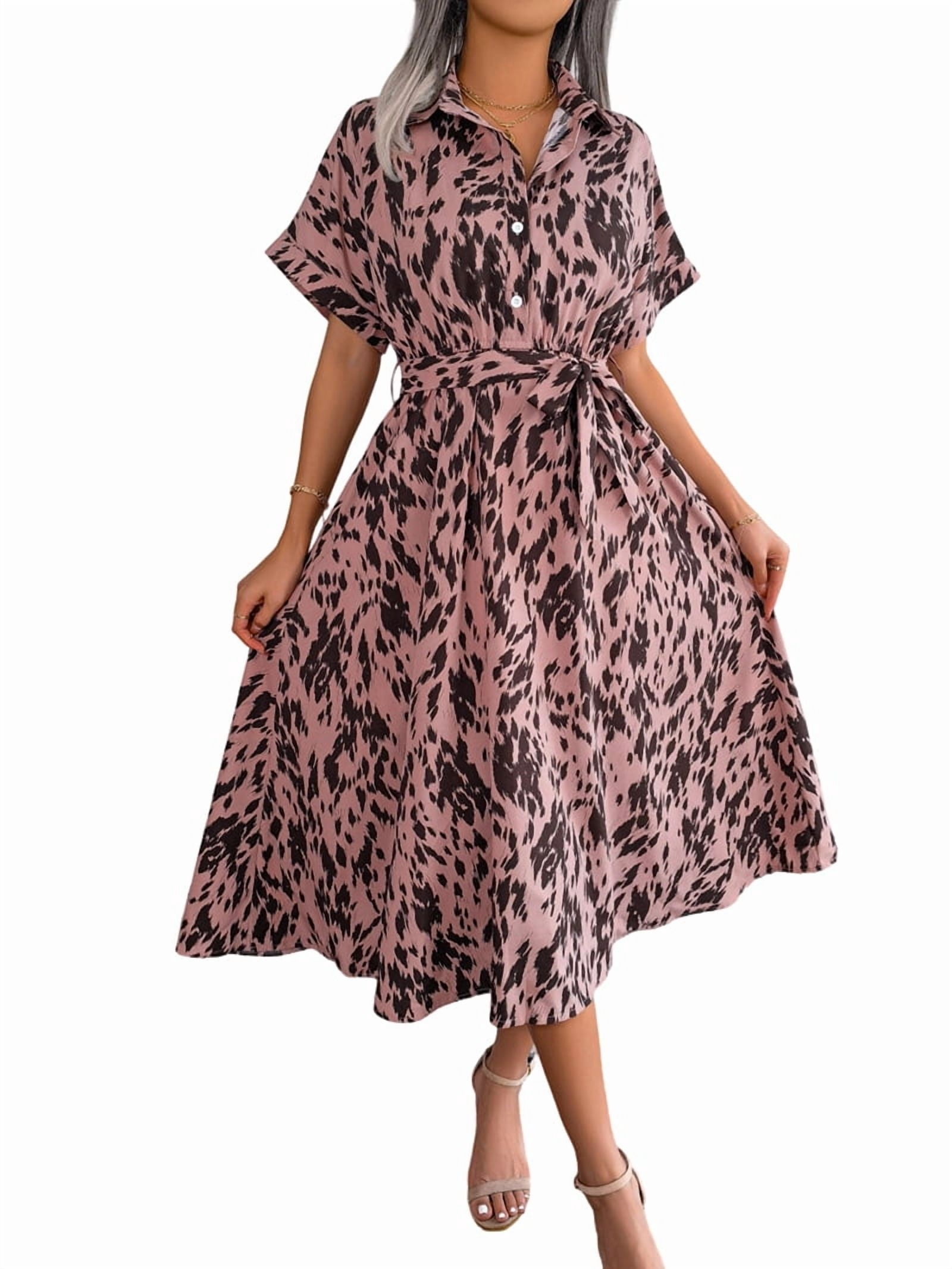 Women's Leopard Print Tie Waist Midi Shirt Dress in Pink