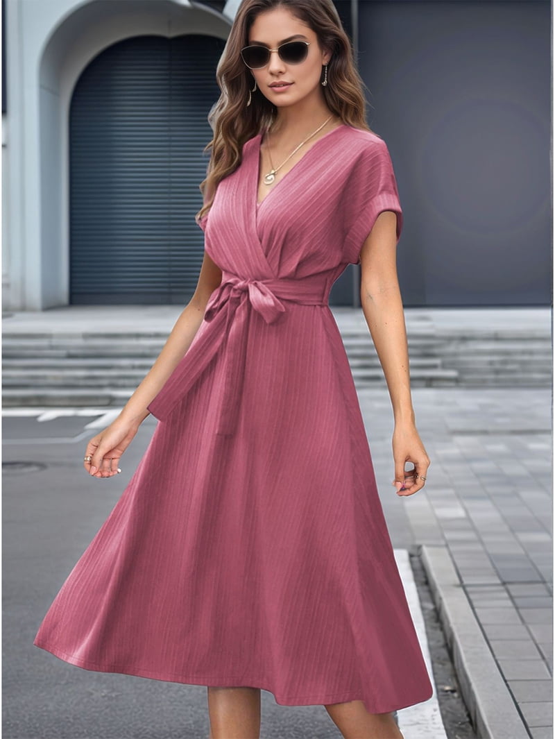 Women's Cap Sleeve Belted Wrap Midi Dress in Dusty Rose (photo 7)