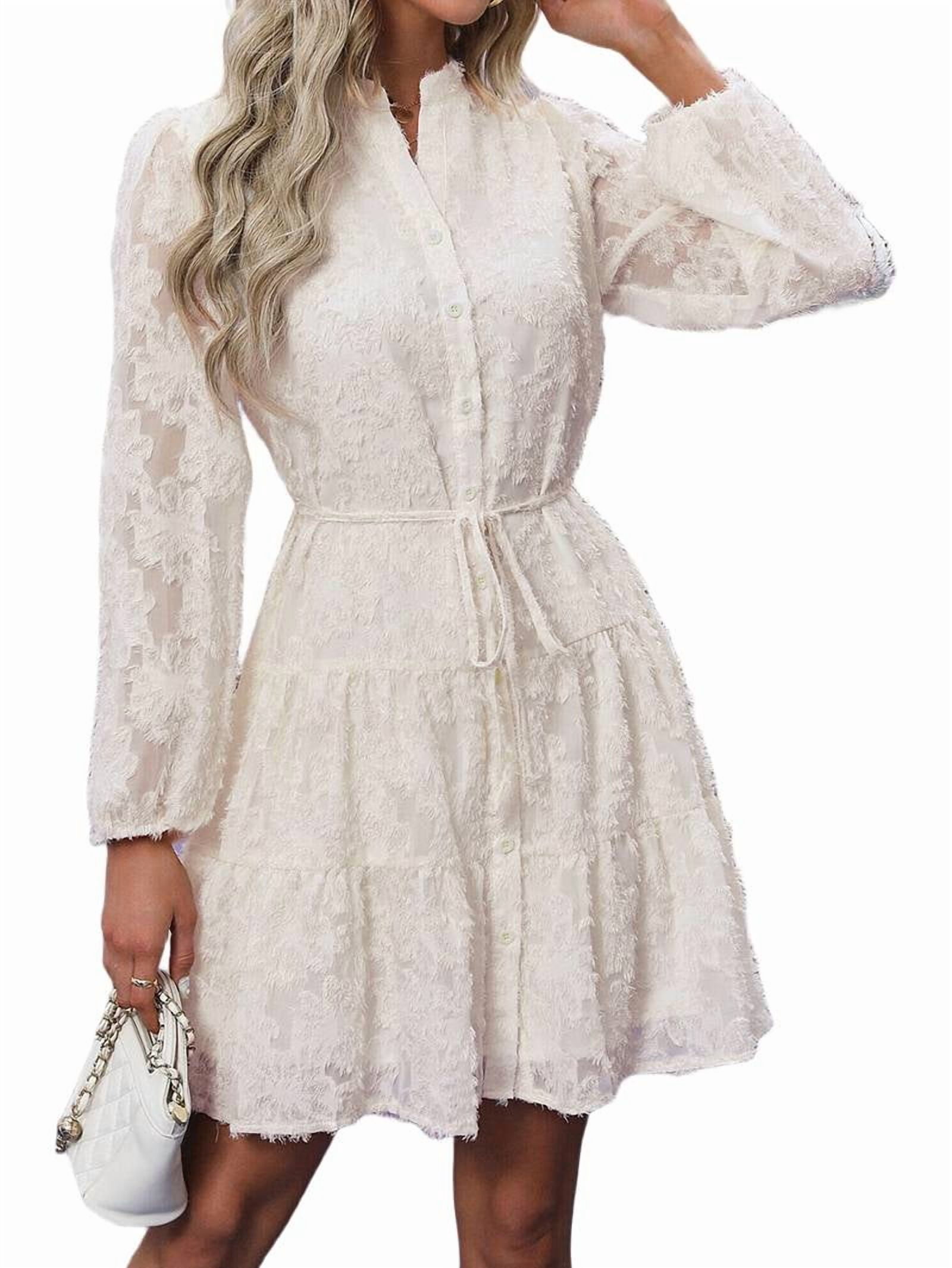Women's Band Collar Long Sleeve Shirt Dress in Apricot (photo 2)