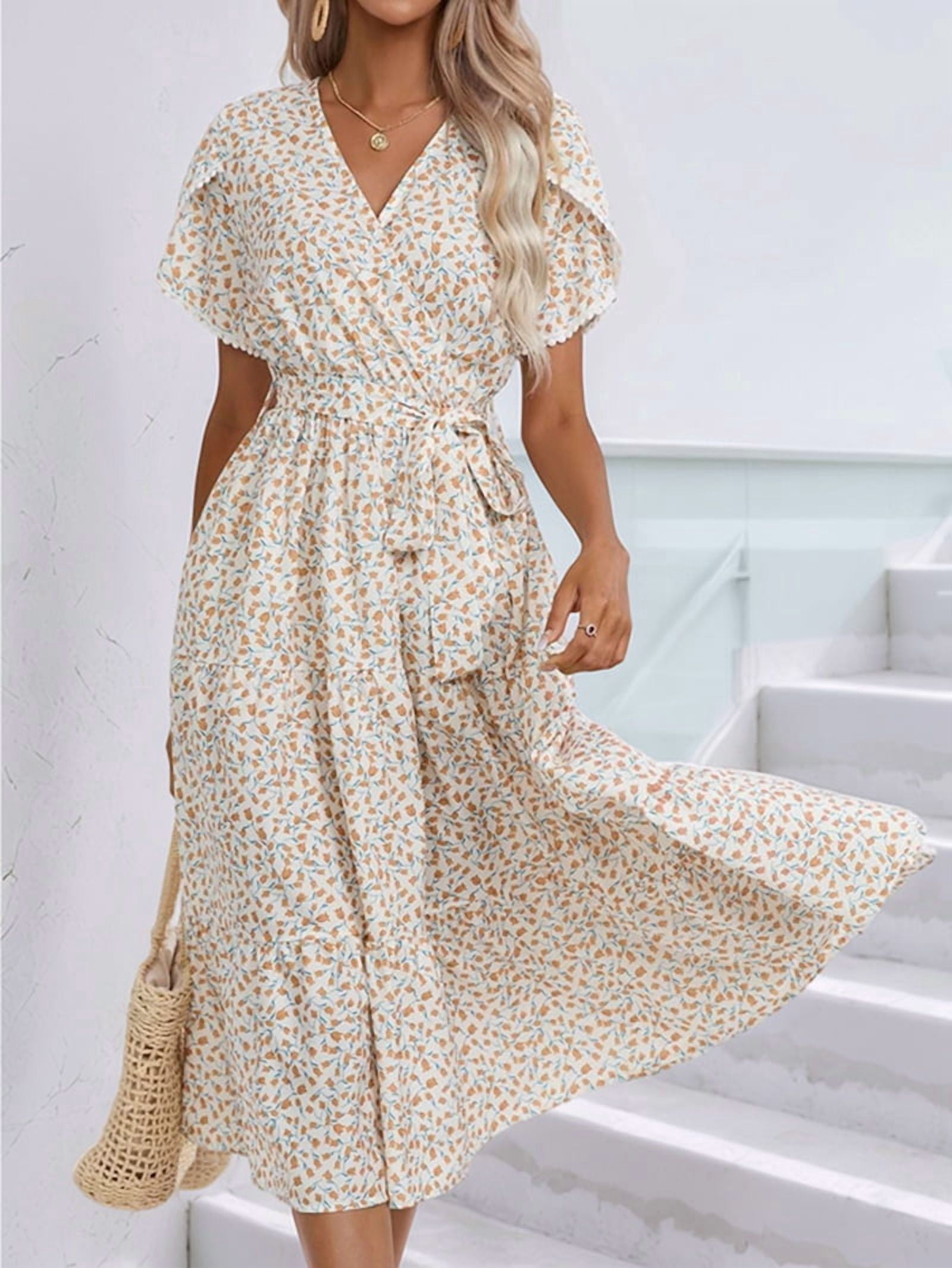Women's Floral Flutter Sleeve Wrap Dress with Tiered Hem in Cream