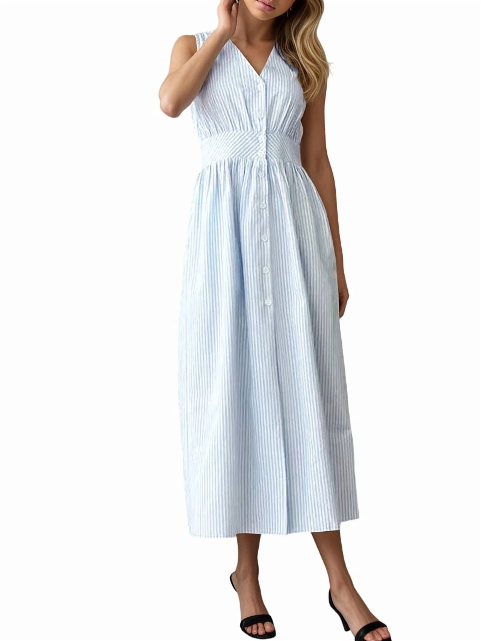 Women's Sleeveless Striped Maxi Shirt Dress in Light Blue