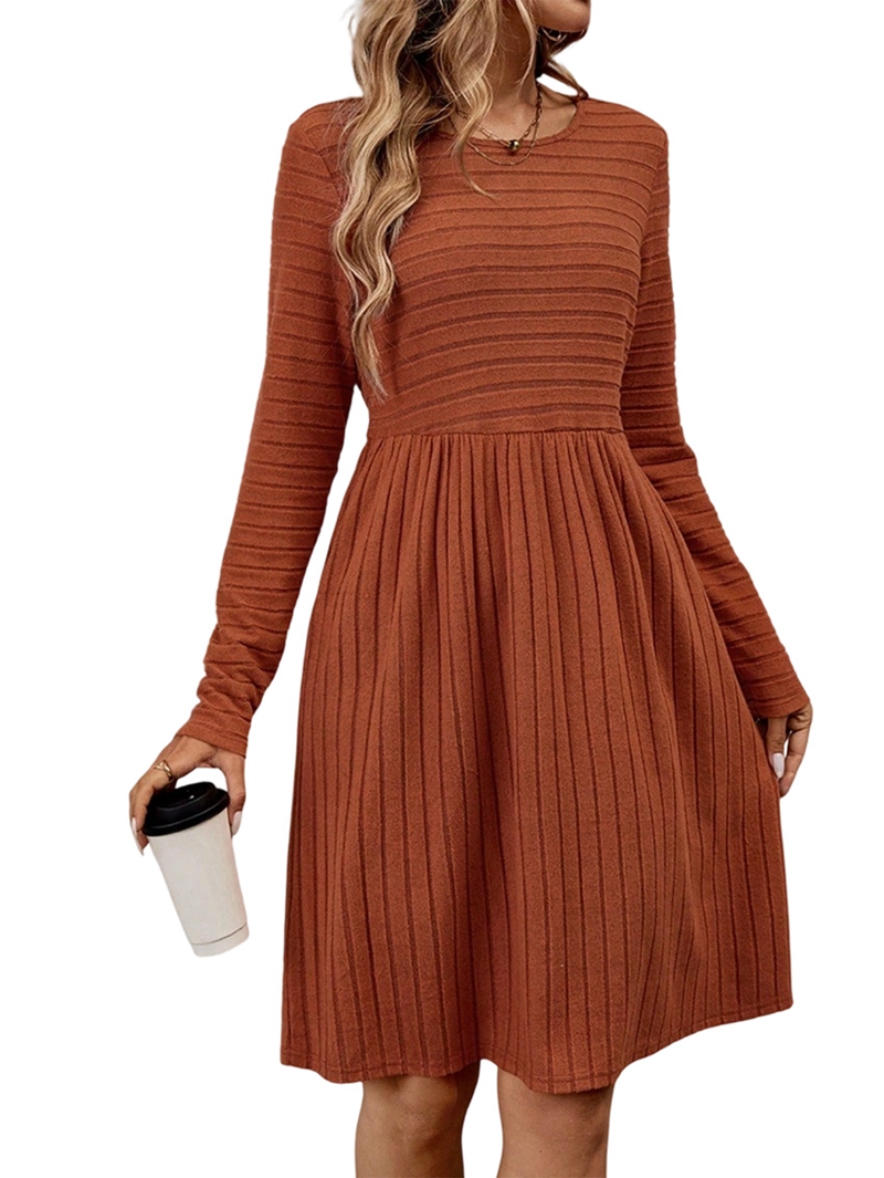 Women's Crewneck A-Line Knit Sweater Dress in Rust (photo 2)