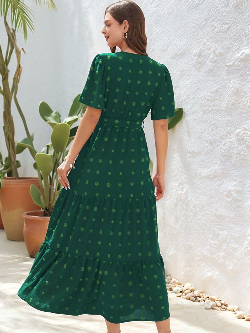 Women's Dot Print Tiered Wrap Maxi Dress in Green (photo 7)
