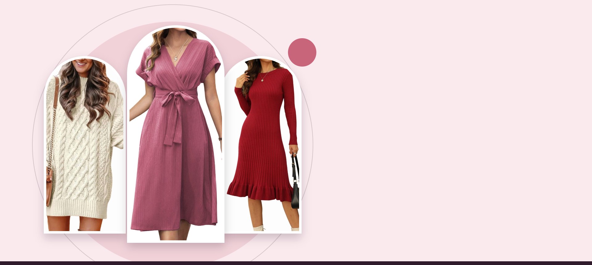 Three Gorgetly dresses in arched frames: an apricot cable knit sweater dress, a dusty rose belted wrap midi dress and a wine red ribbed knit sweater dress