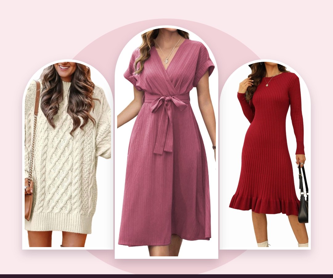 Three Gorgetly dresses in arched frames: an apricot cable knit sweater dress, a dusty rose belted wrap midi dress and a wine red ribbed knit sweater dress