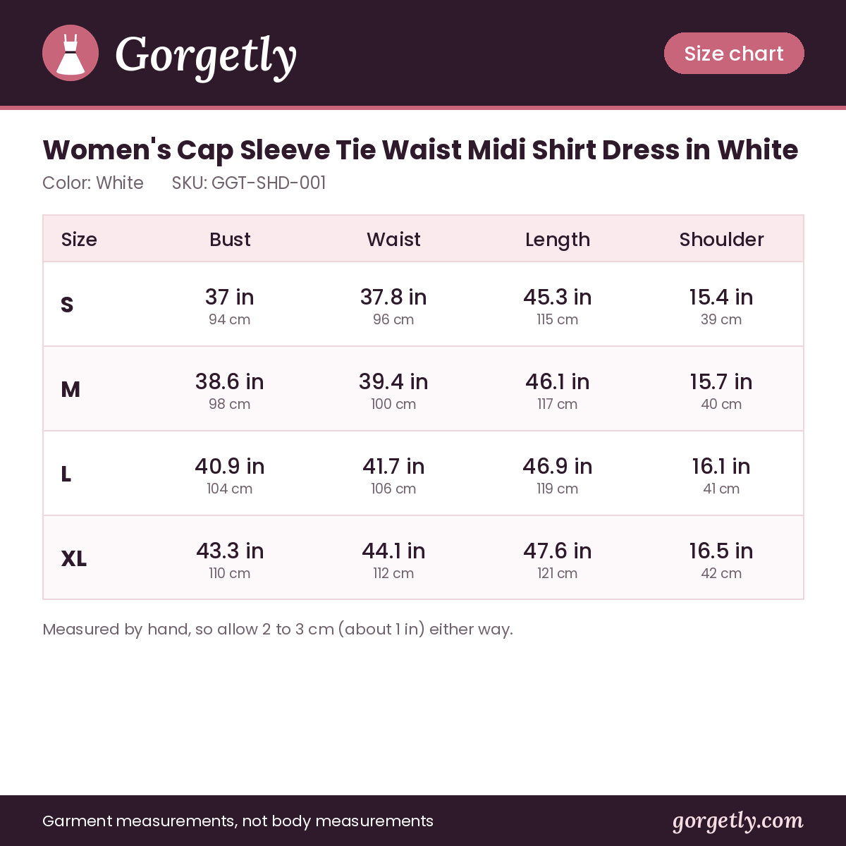 Gorgetly size chart for GGT-SHD-001