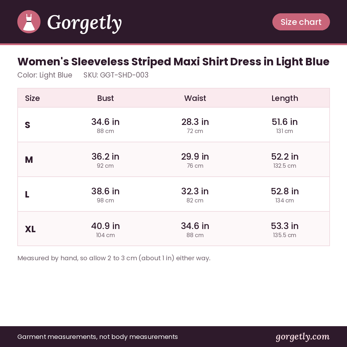 Gorgetly size chart for GGT-SHD-003