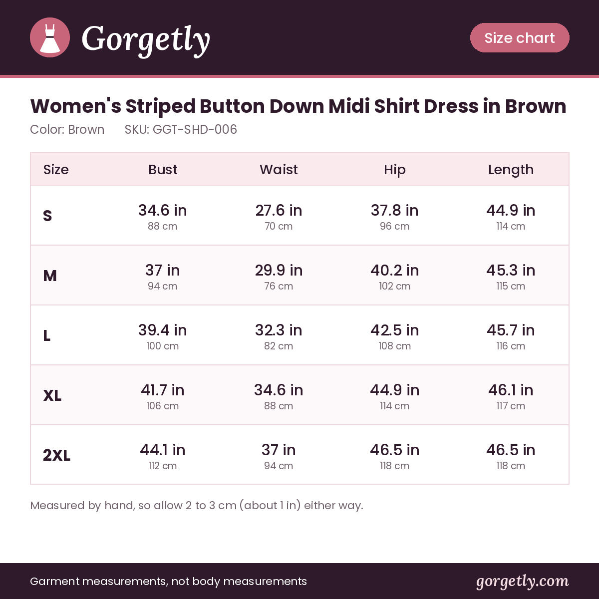 Gorgetly size chart for GGT-SHD-006