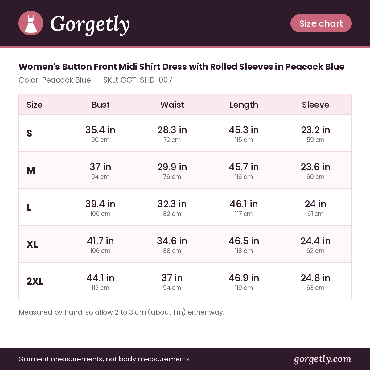 Gorgetly size chart for GGT-SHD-007