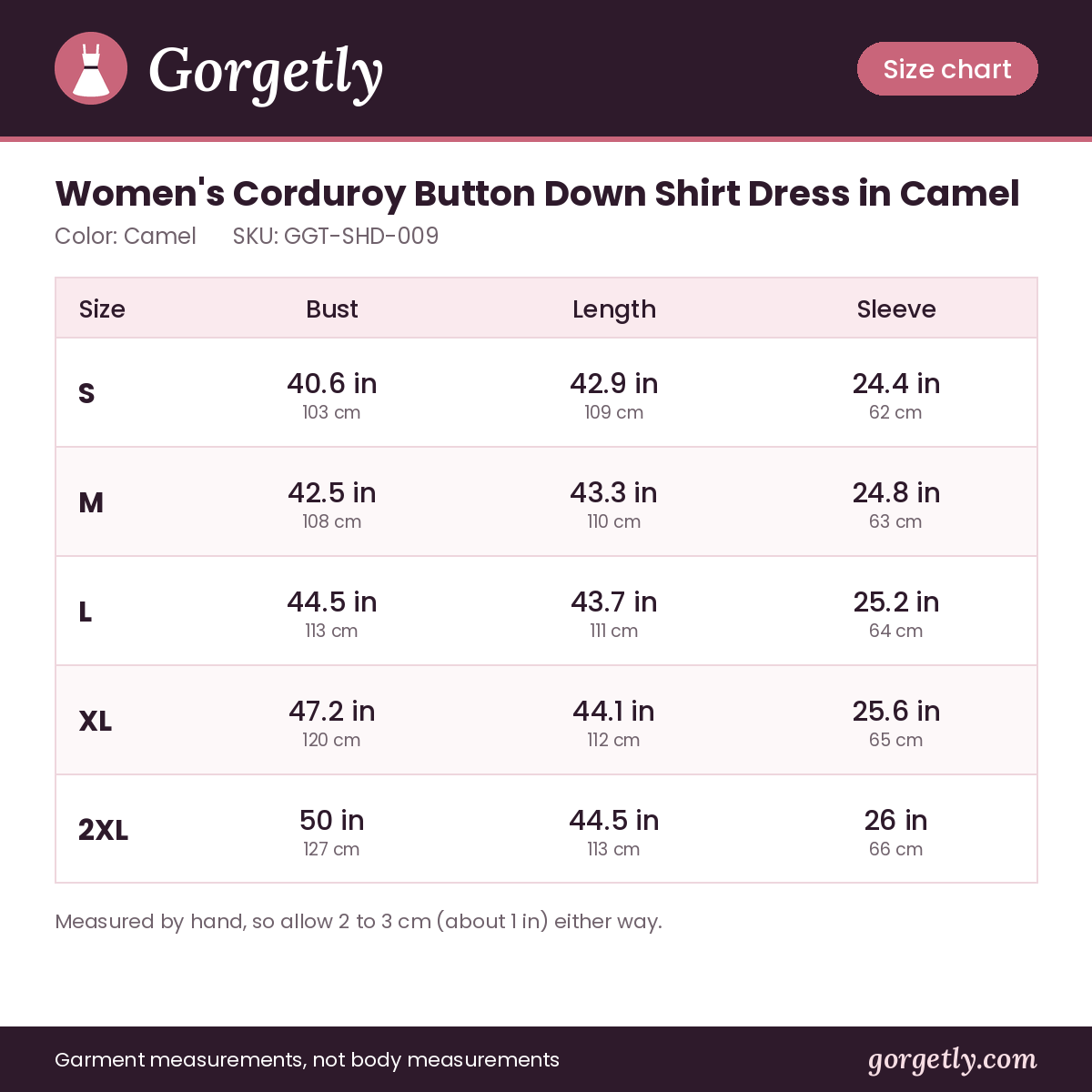 Gorgetly size chart for GGT-SHD-009
