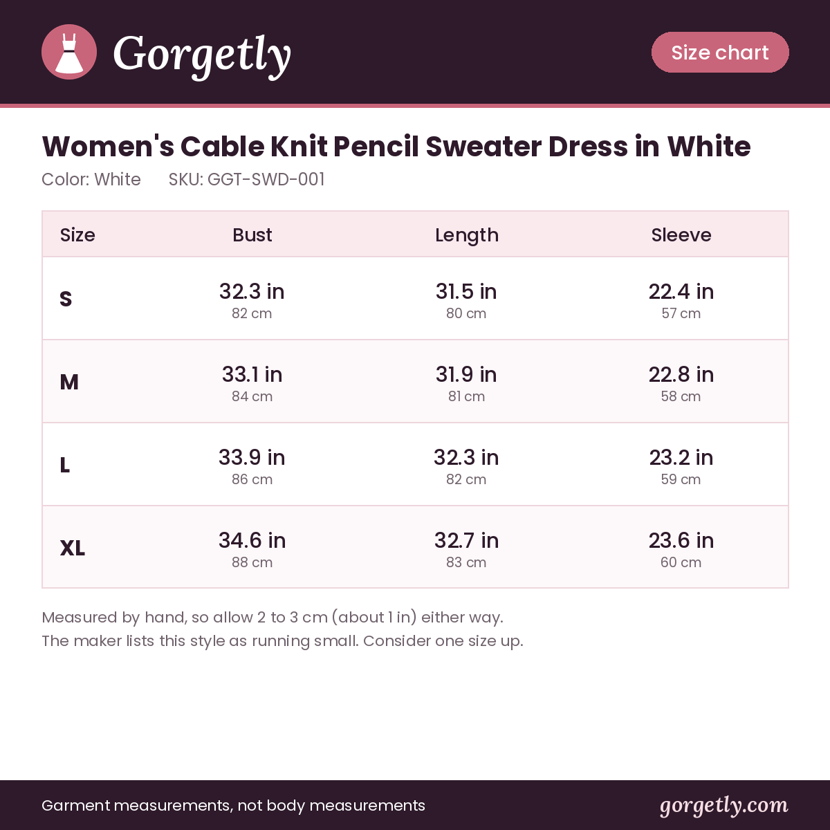 Gorgetly size chart for GGT-SWD-001