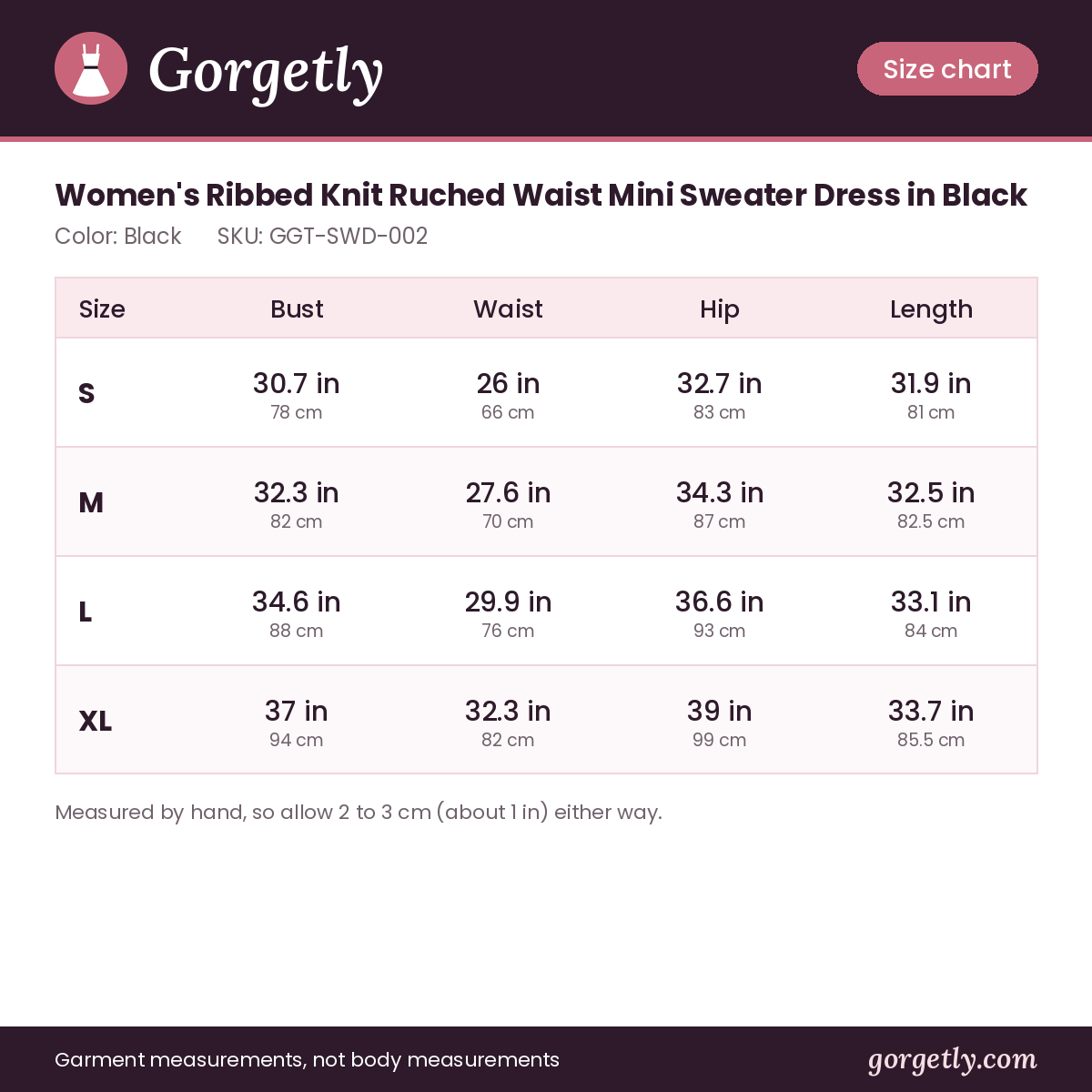 Gorgetly size chart for GGT-SWD-002