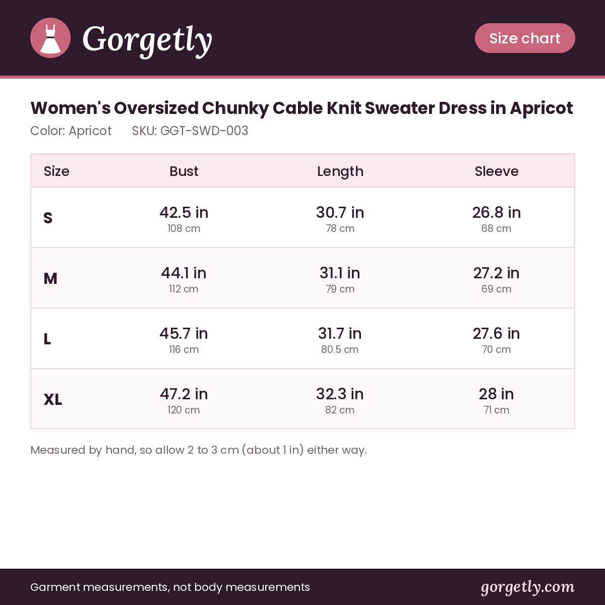 Gorgetly size chart for GGT-SWD-003