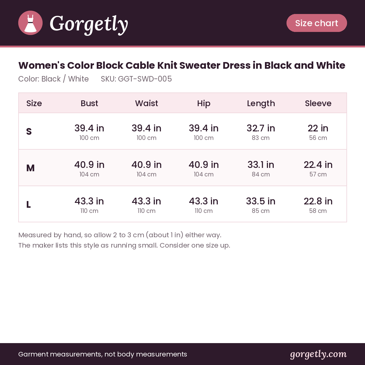 Gorgetly size chart for GGT-SWD-005