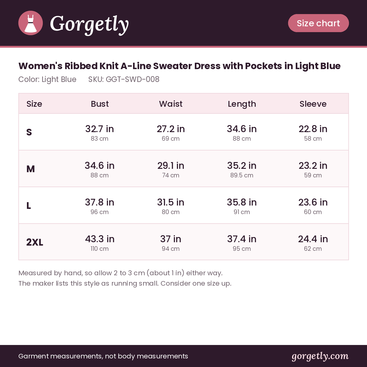Gorgetly size chart for GGT-SWD-008
