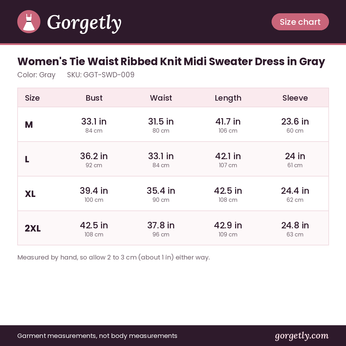 Gorgetly size chart for GGT-SWD-009