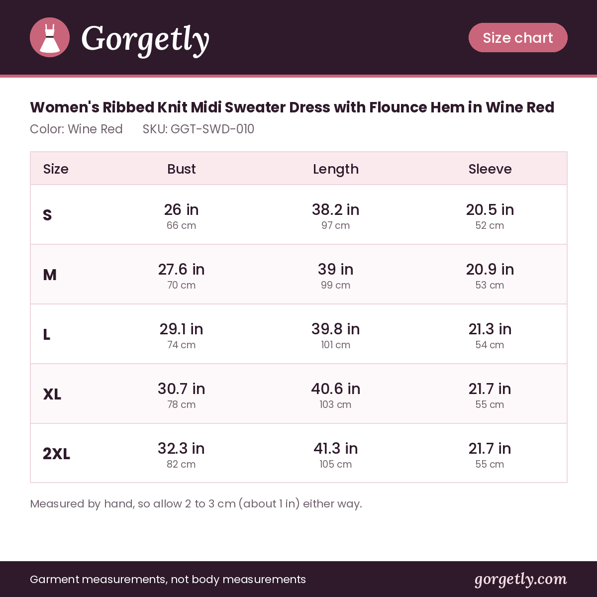 Gorgetly size chart for GGT-SWD-010