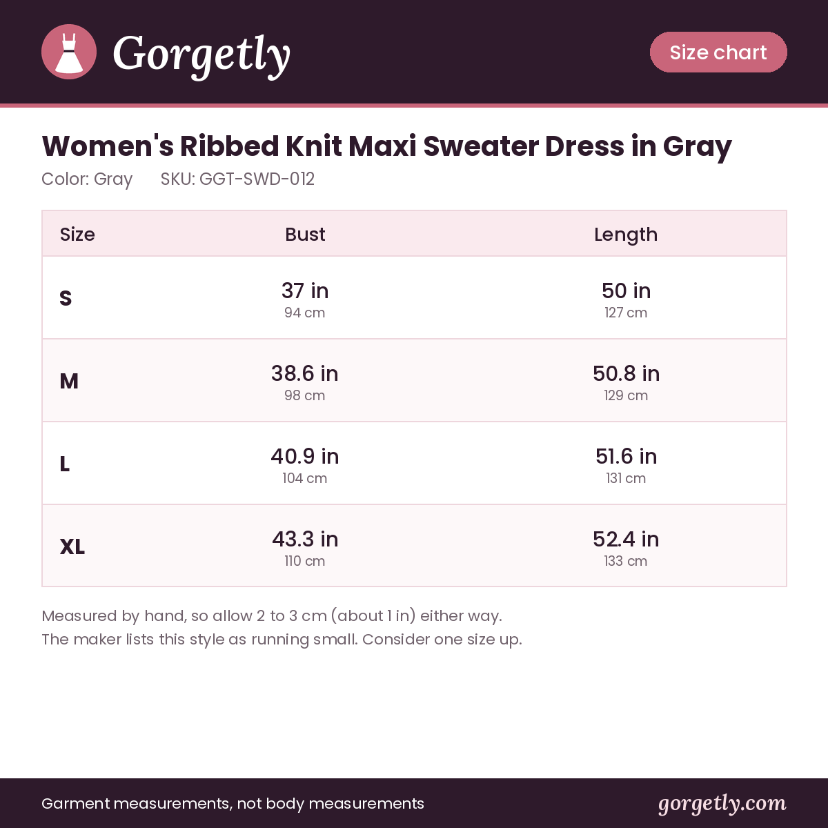 Gorgetly size chart for GGT-SWD-012