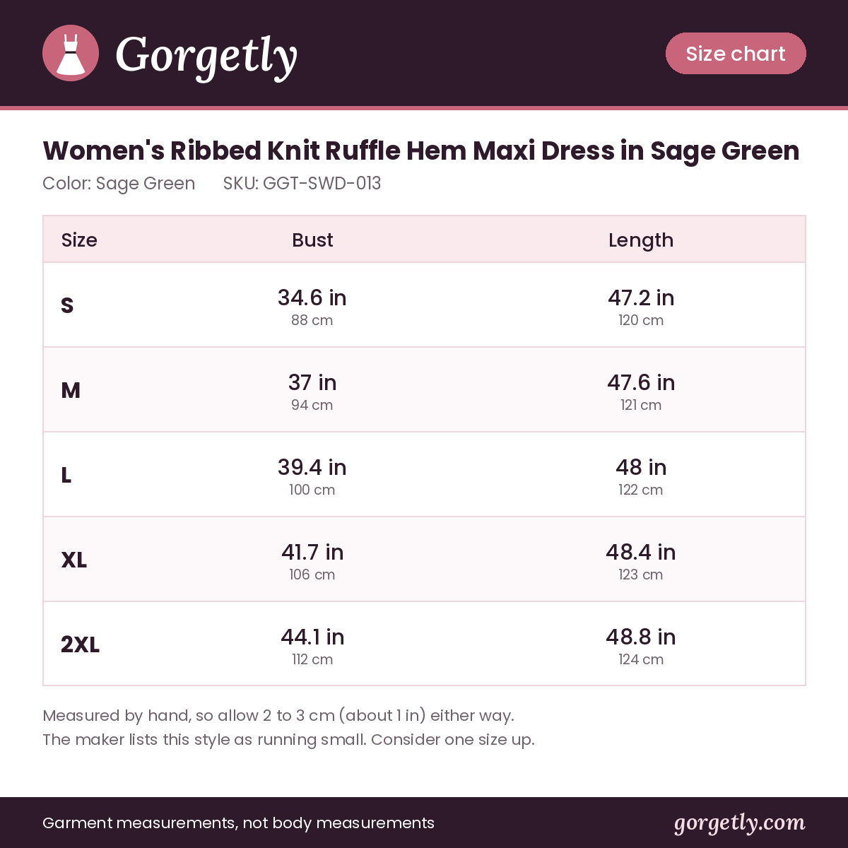 Gorgetly size chart for GGT-SWD-013