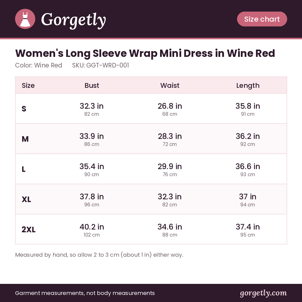 Gorgetly size chart for GGT-WRD-001