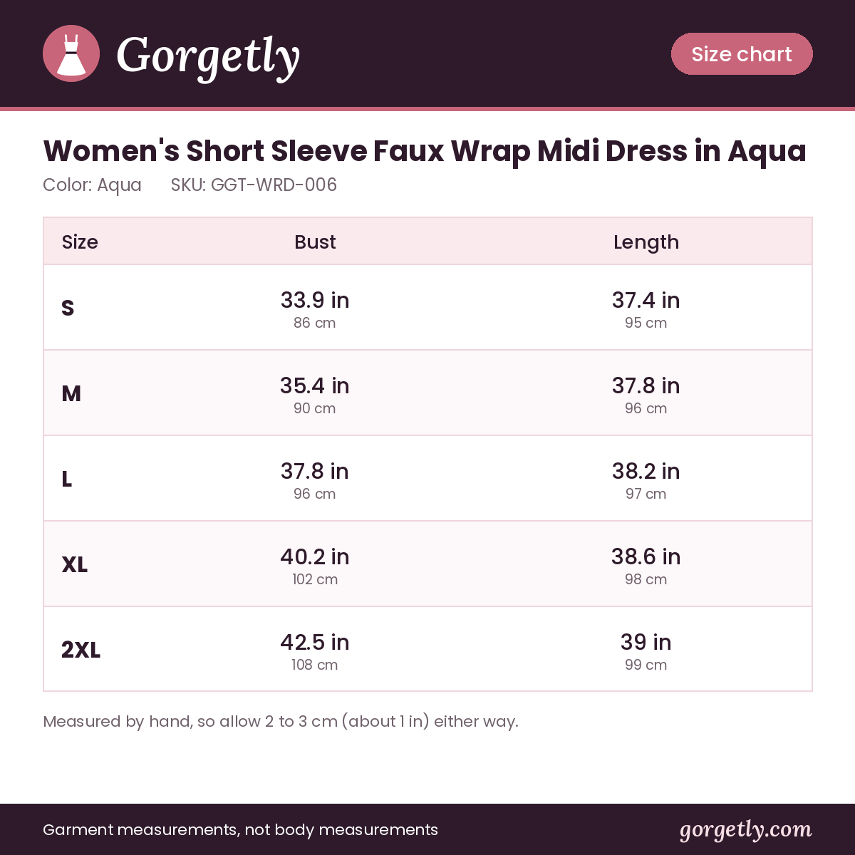 Gorgetly size chart for GGT-WRD-006