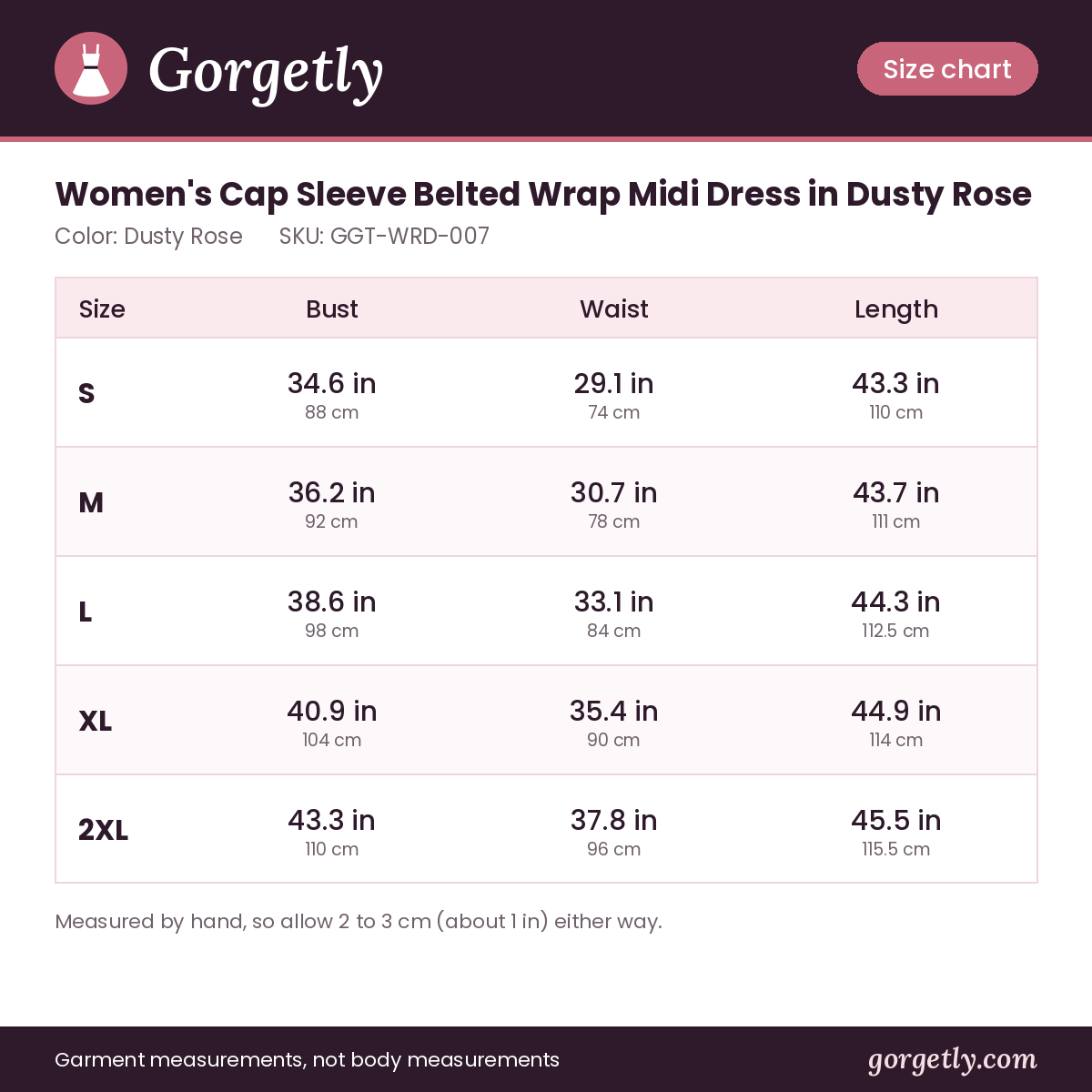 Gorgetly size chart for GGT-WRD-007