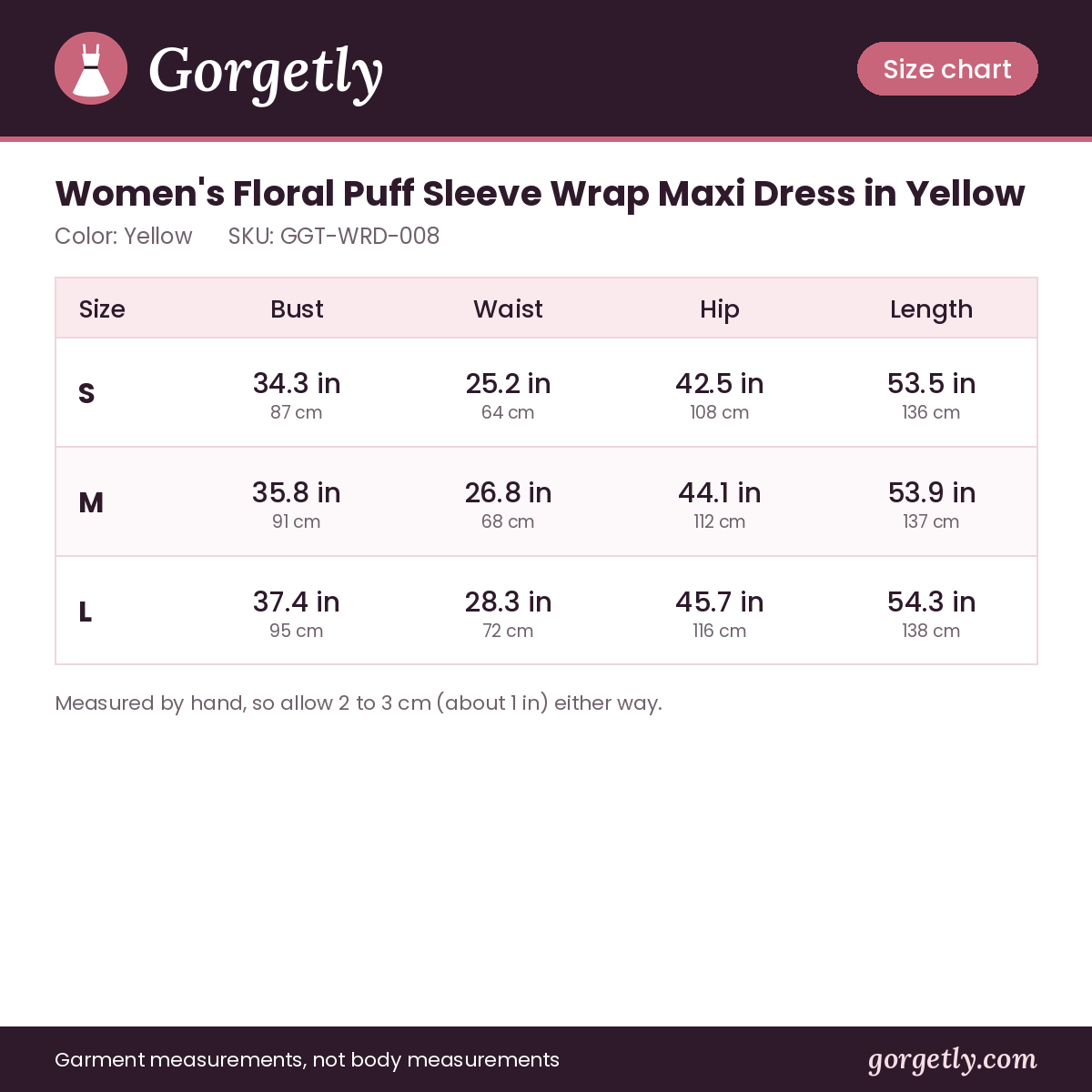Gorgetly size chart for GGT-WRD-008