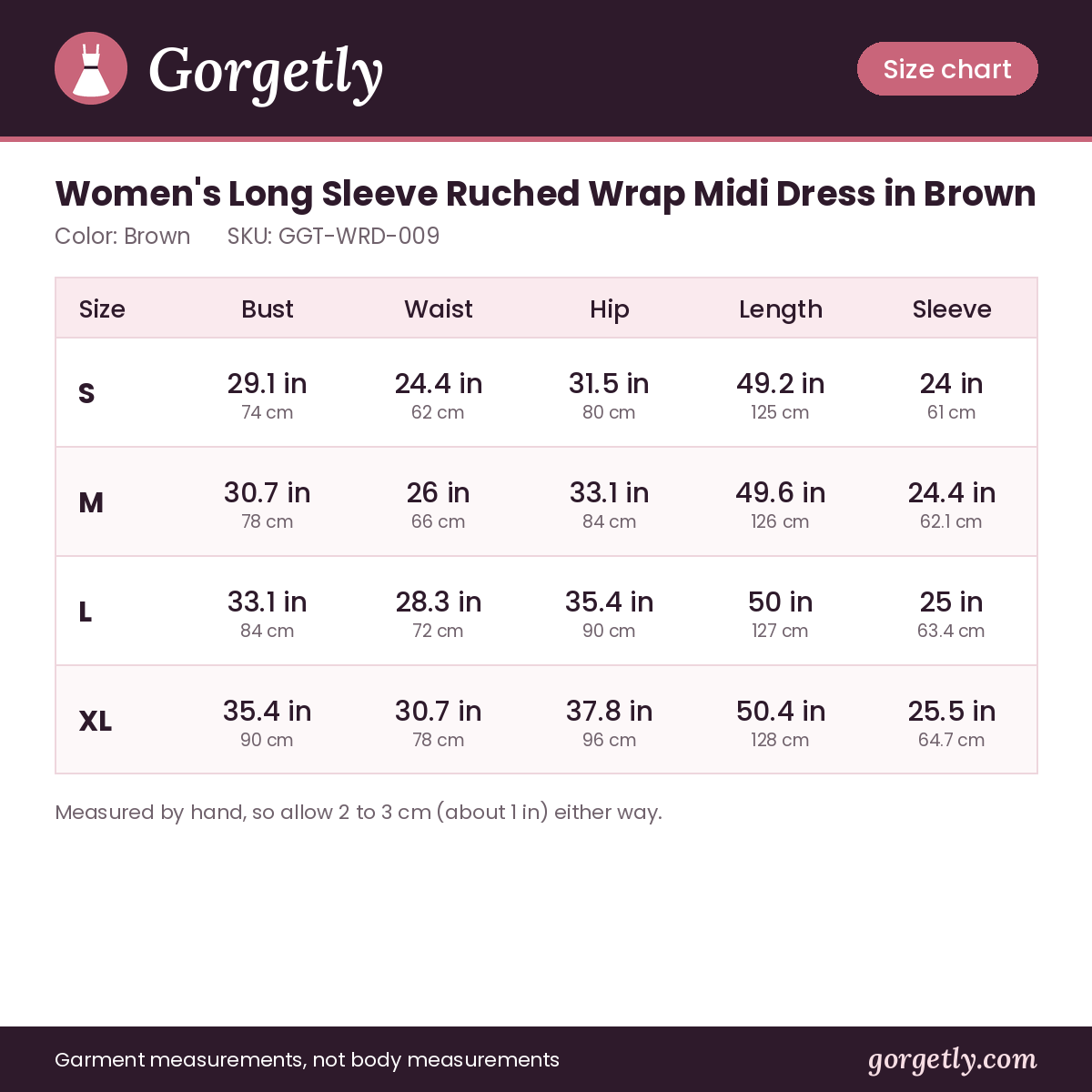 Gorgetly size chart for GGT-WRD-009