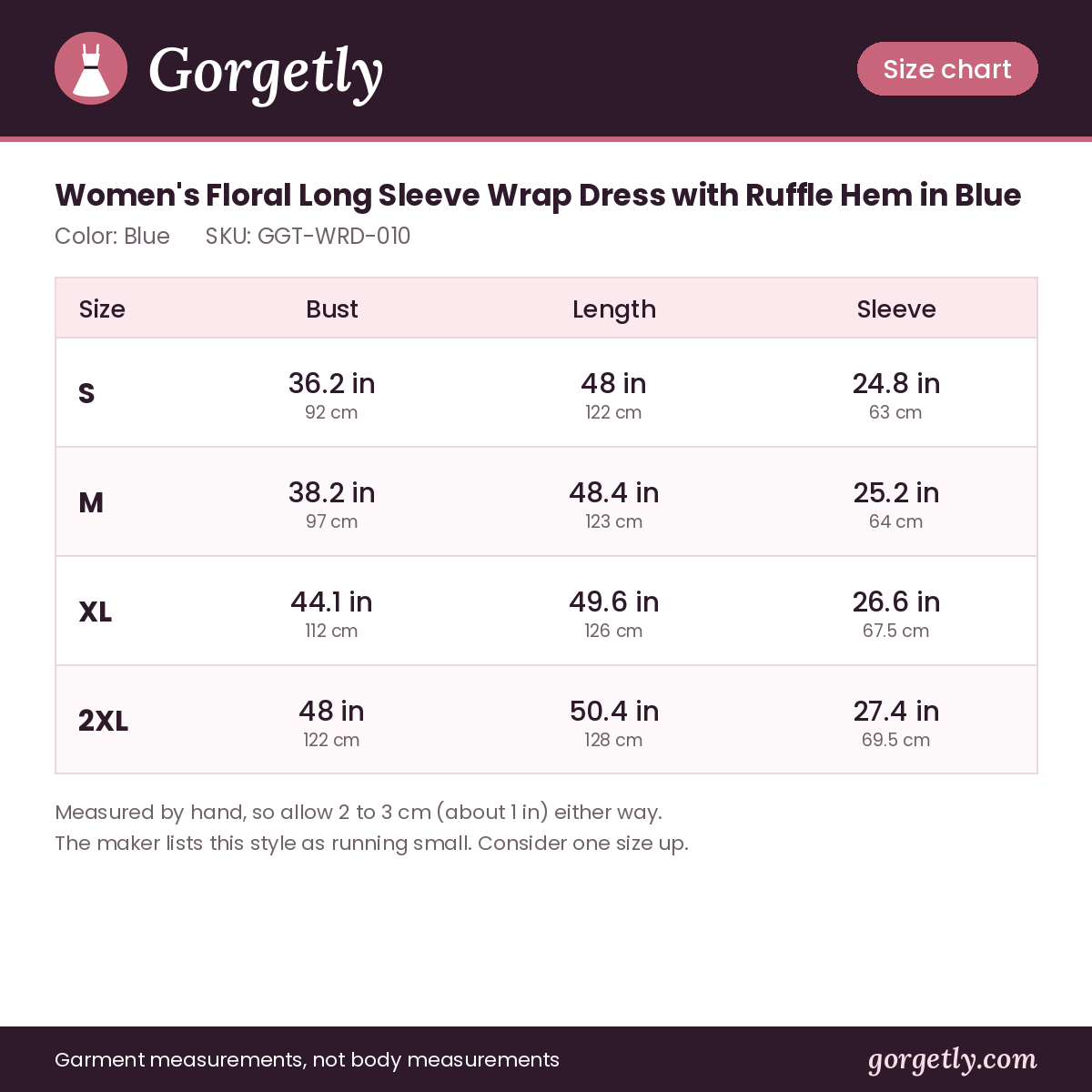 Gorgetly size chart for GGT-WRD-010