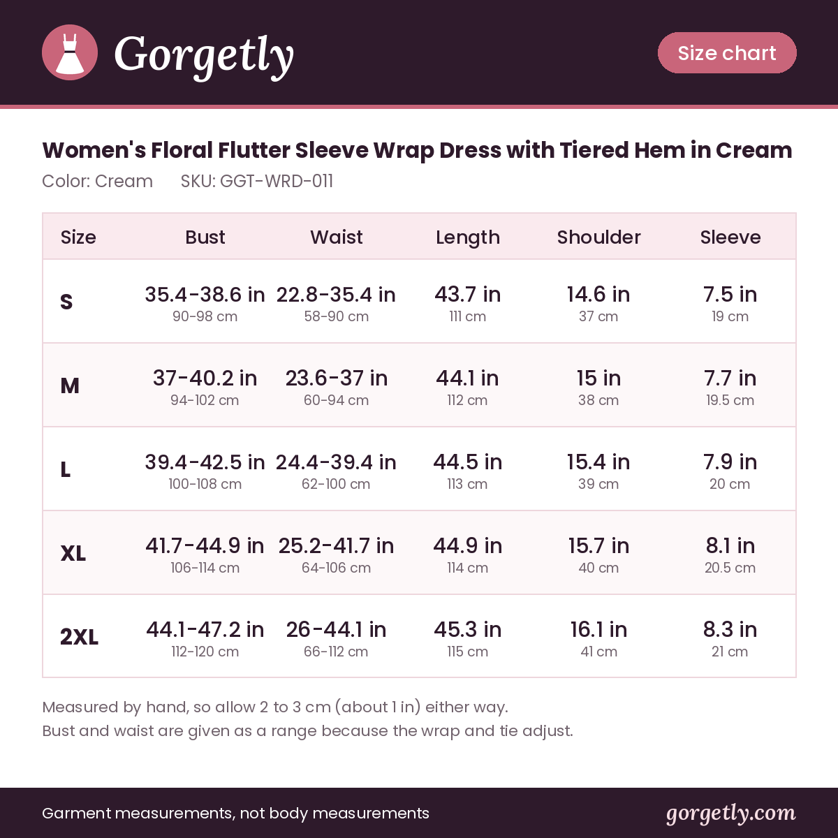 Gorgetly size chart for GGT-WRD-011