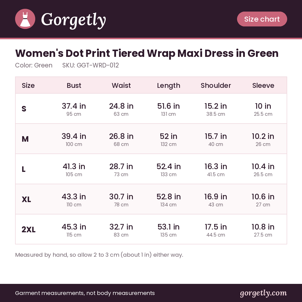 Gorgetly size chart for GGT-WRD-012