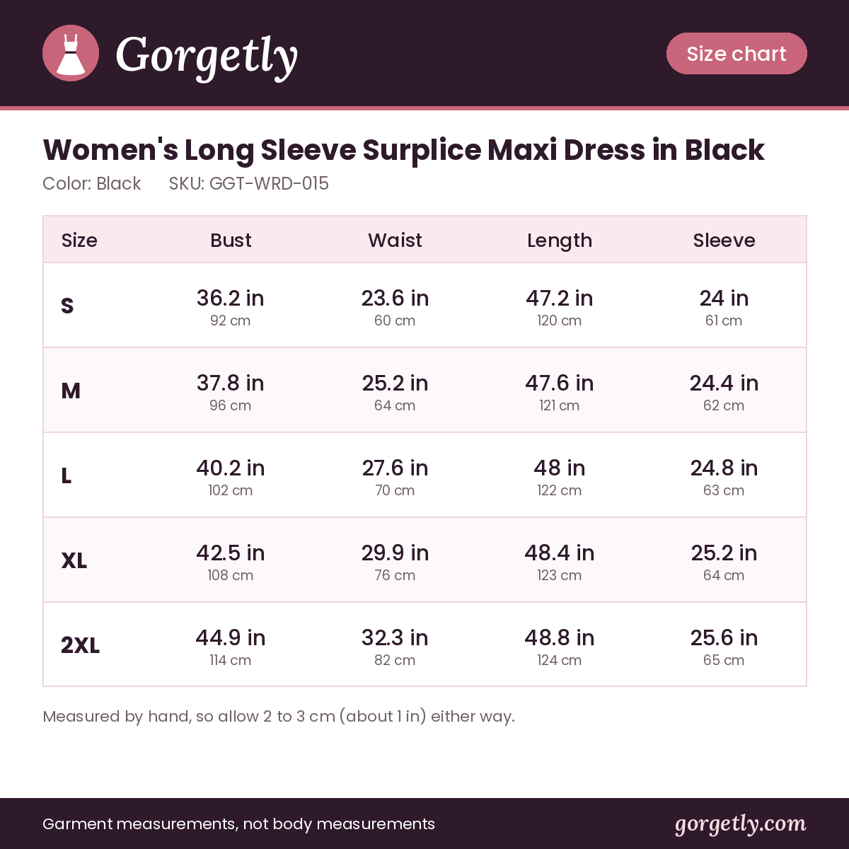 Gorgetly size chart for GGT-WRD-015